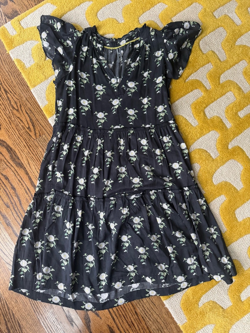 Anthropologie Black Floral Tiered Dress with White and Green Blossoms